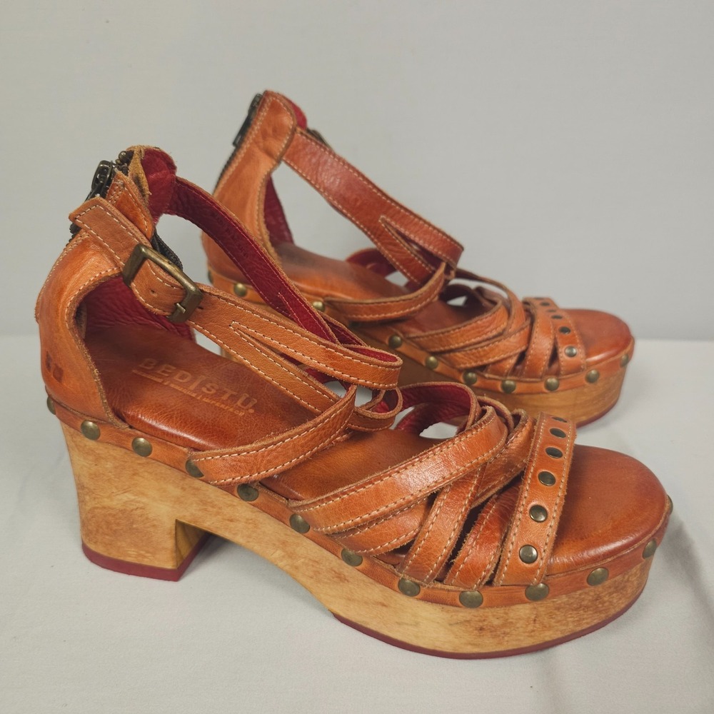 Bed Stu Antonelli Platform Sandals Women 7 Cognac Brown Leather Chunky Studded